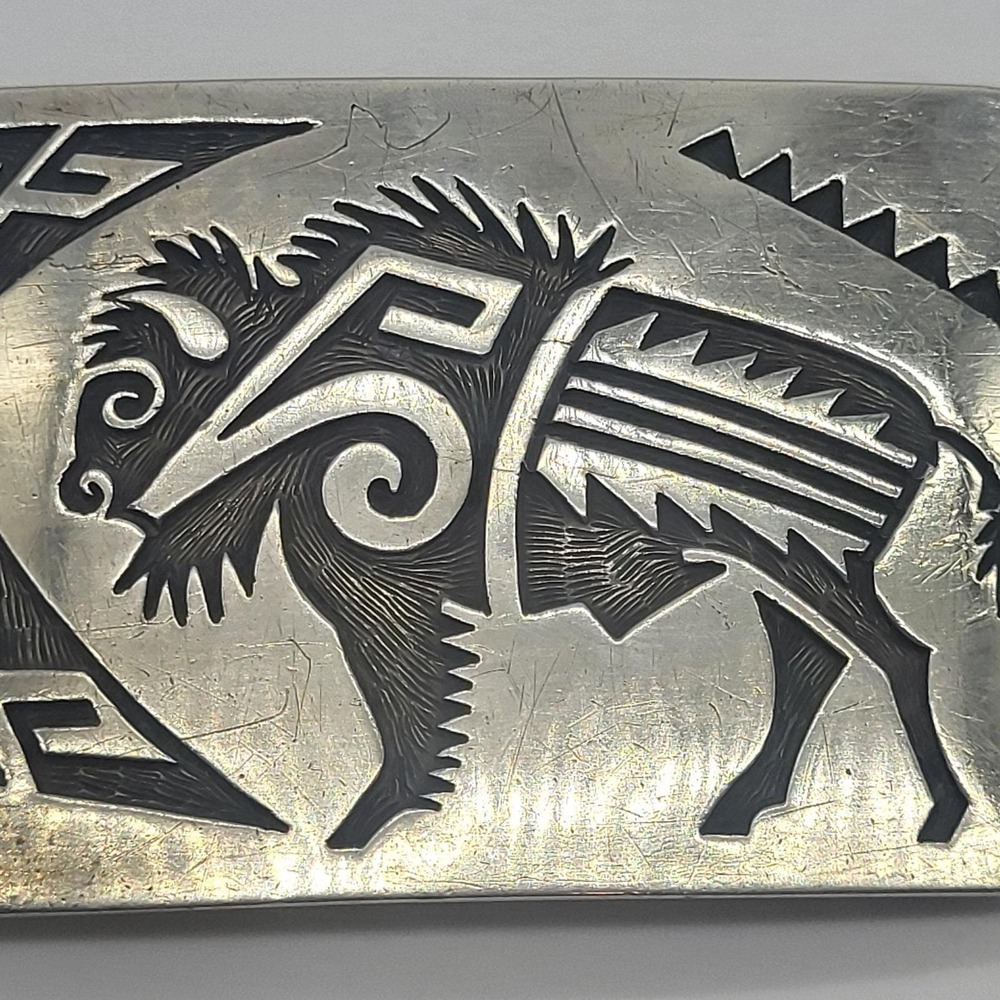 Navajo Artist Montano Gibbson "GIBB" Sterling Silver Etched Buffalo Belt Buckle - Picture 5 of 16
